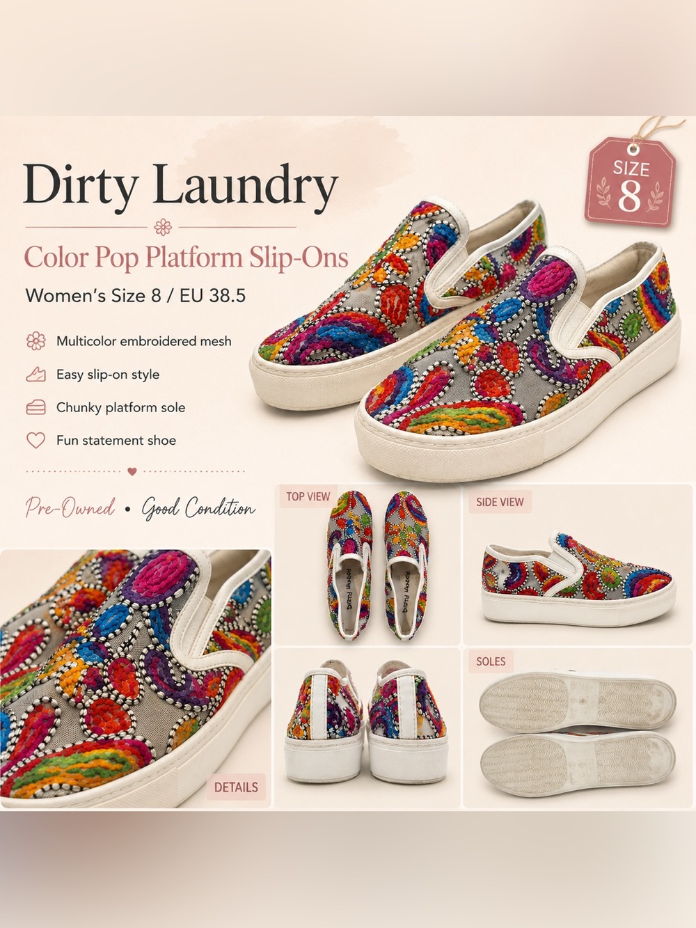 Dirty Laundry Embroidered Platform Slip-On Sneakers Size 8